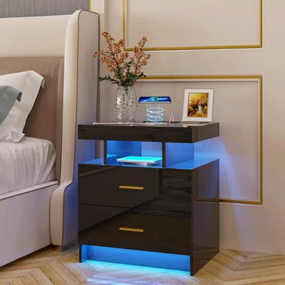 Auto LED Nightstand, High gloss Bedside Table with Wireless Charging Station & USB Ports - Build Your Own Dream Home