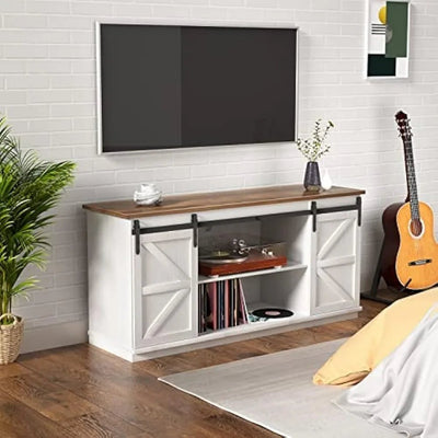 Coastal Farmhouse TV Stand with Sliding Barn Doors and Storage Cabinets - Build Your Own Dream Home