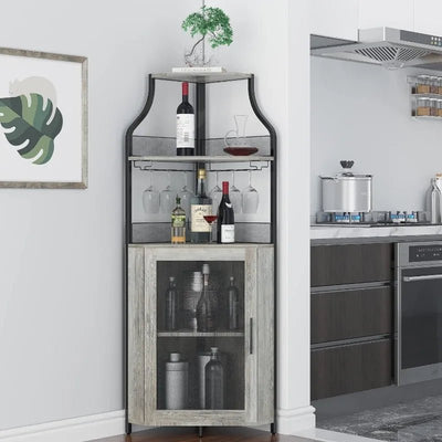 Corner Wine Rack Bar Cabinet with Detachable Wine Rack and Hanging Glass Holder - Build Your Own Dream Home