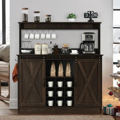 Farmhouse 47” Coffee Bar Cabinet with Sliding Barn Door, 6 Coffee Cup Hooks, and 9 Wine Racks - Build Your Own Dream Home