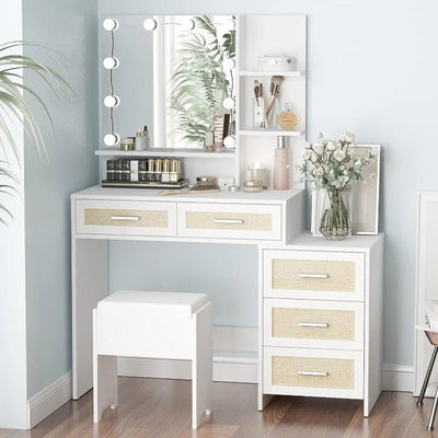 Makeup Vanity Table Set with Desk, Drawers, Cushioned Stool, and Lighted Mirror - Build Your Own Dream Home