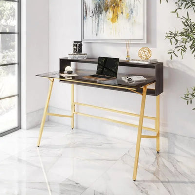 Modern 47" Home Office Metal and Glass Writing Desk, Gold and Black - Build Your Own Dream Home