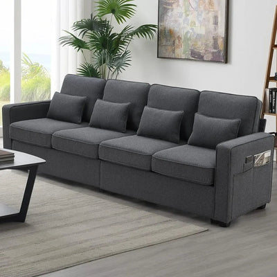 Modern Linen Fabric Sofa: 4-Seat Comfort with Armrest Pockets and 4 Pillows - Build Your Own Dream Home