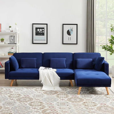 Sapphire Series Blue Velvet Futon Sofa Bed with 3 Pillows and 3 Backrest Settings - Build Your Own Dream Home