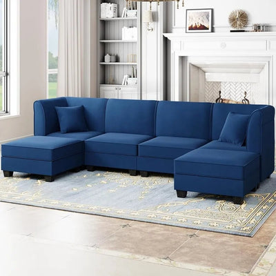 Sapphire Series Reversible Modular U-Shaped Velvet Sleeper Sectional Sofa Set with Ottomans - Build Your Own Dream Home